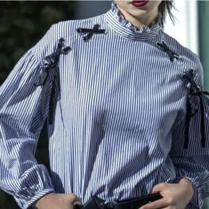 Zara Ruffle Lace-Up Puff Sleeve Blouse Blue White Striped Long Sleeve Size XS